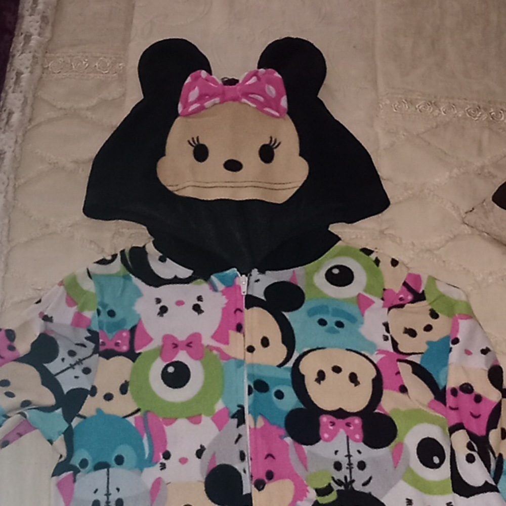 Disney TSUM TSUM Minnie Mouse Mickey Mouse Hooded Fleece Zip Up Pajamas Sz. M